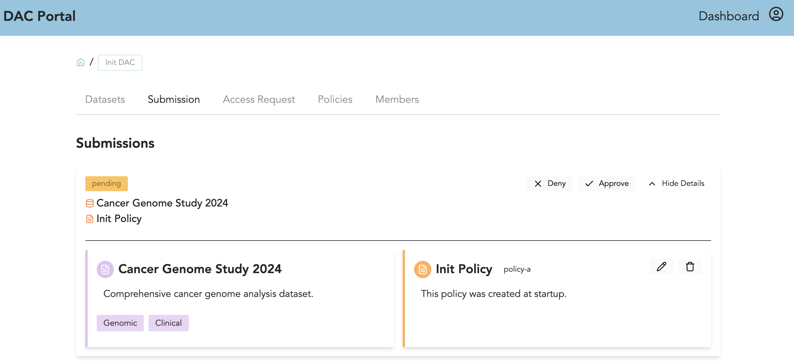 View dataset and policy of a submission